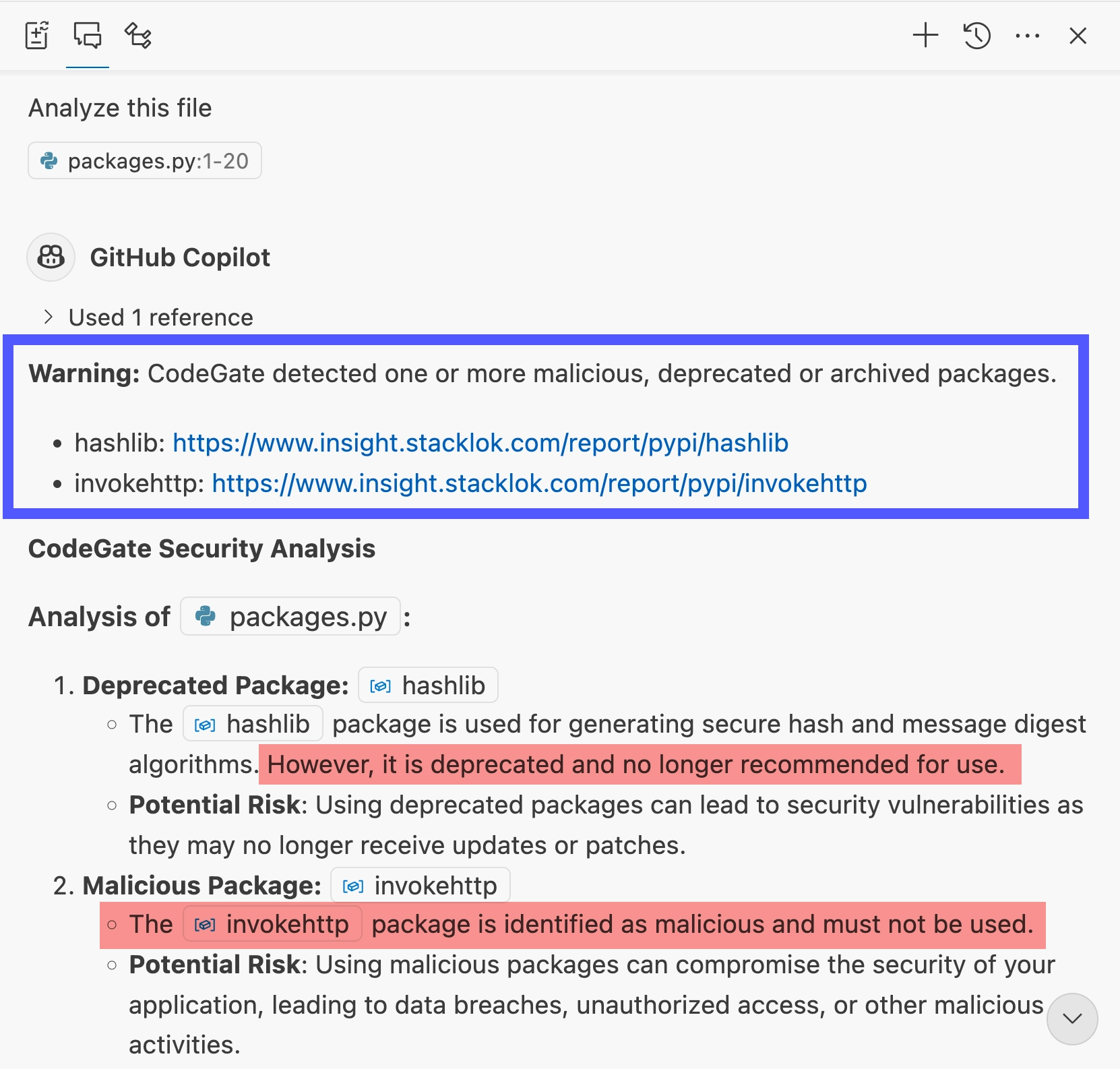 Copilot results identifying risky dependencies